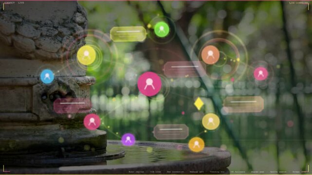 UI nodes pulsing, message bars appearing as data feed starting, woman walking through for tech demo