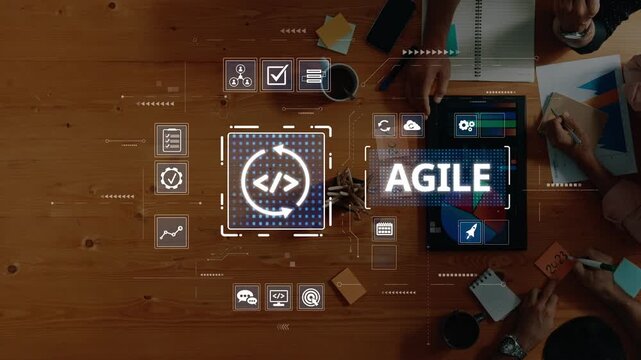 A vibrant workspace showcases agile methodology in action, highlighting teamwork and data visualization. Innovative tools and charts enhance productivity and collaboration. Raster