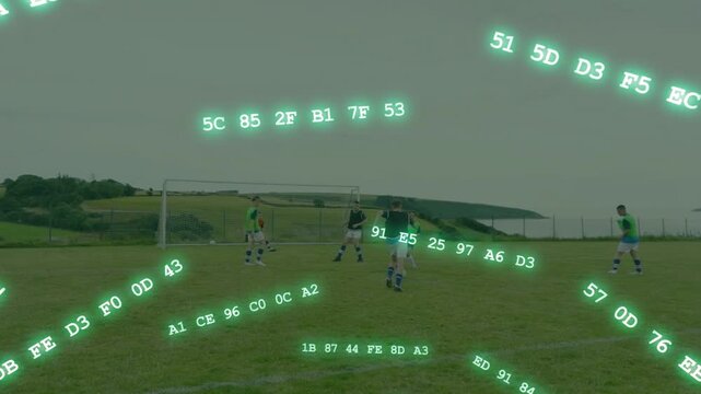 Soccer forwards pushing after pass into box, trying goal while defense closing, green hex tracking