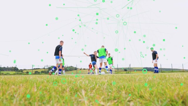 Seven soccer players and keeper reacting to ball to defend, jostling goal, green overlay hovering
