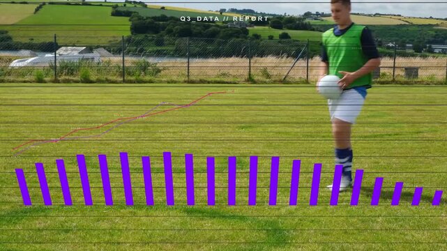 Teenage player placing ball, dribbling and kicking as purple bars rising for sports data