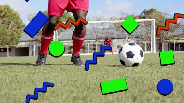 Soccer striker dribbling to goal cam framing legs causing shapes hiding keeper moving prepping shot
