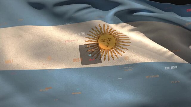 Argentine flag rippling from breeze, HUD warping on fabric while floating labels showing metrics