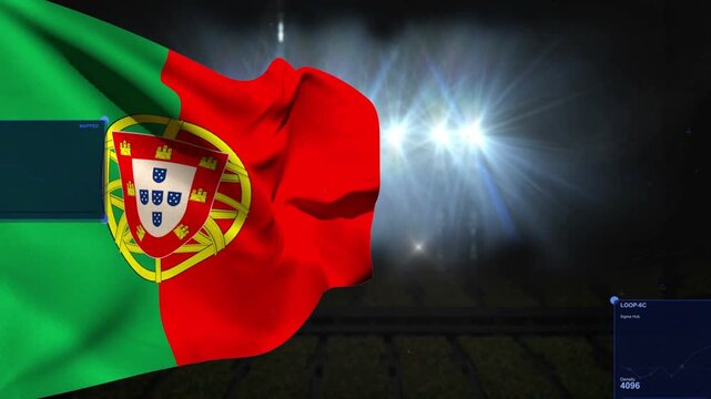 HUD appearing while Portugal flag waving left side, displaying telemetry readouts under floodlights
