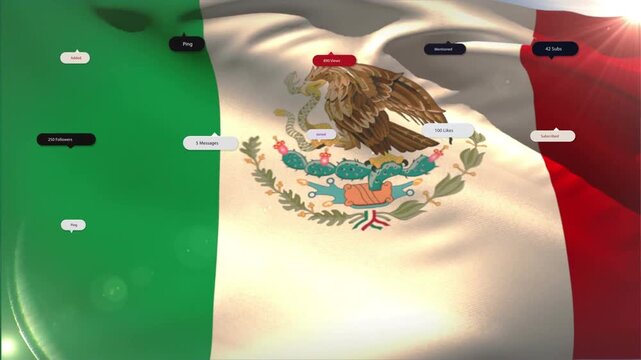 Wind gust starting, Mexican emblem rippling, badges popping and clustering, settling to show counts