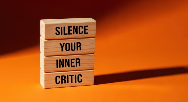 Wooden blocks are stacked vertically to display the inspirational phrase silence your inner critic on an orange background.