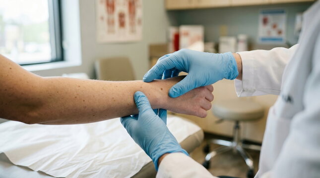 Doctor in blue gloves examines a patient's arm during a skin check-up, focusing on moles and freckles in a bright clinic setting.