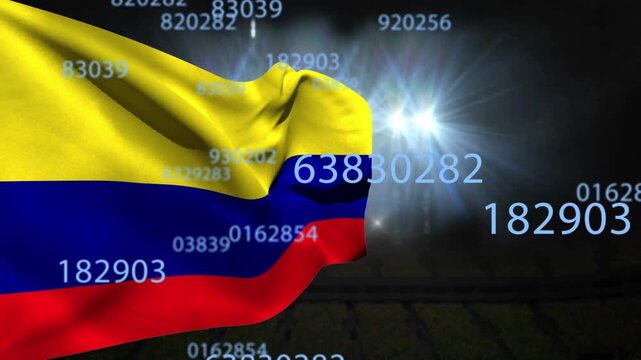 Wind starting Colombian flag waving as numbers appearing layering lights glowing showing arena data
