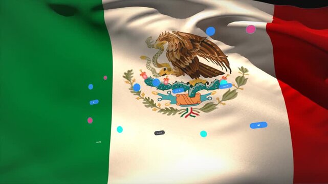 Mexican flag waving, gust starting, fabric rippling, cyan blue pink dots floating, showing emblem