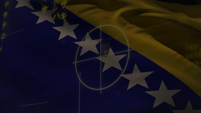Reticle activating, drifting across star row, flag rippling, yellow glyph scrolling, marking stars