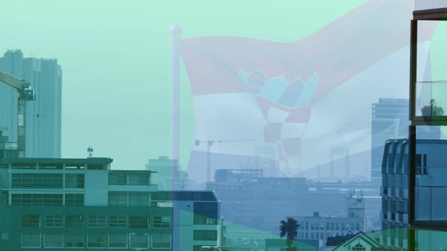 Flag overlay appearing waving and shifting over city crest forming birds flying representing nation
