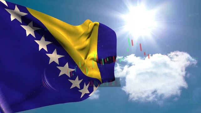 Wind gusting, Bosnian flag waving while candlestick chart pulsing, showing market trends