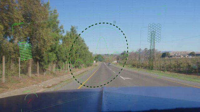 Vehicle moving forward, dashed circular HUD growing and centering while green overlays mapping lane