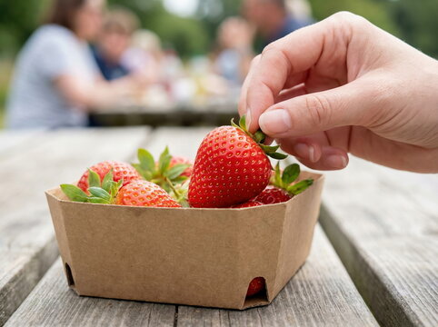 Hand picking a fresh, ripe strawberry from a cardboard punnet on a rustic wooden picnic table during a summer outdoor gathering.