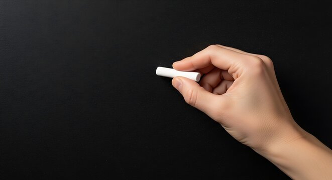 Hand holding chalk ready to write on black chalkboard