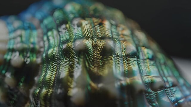 Macro view of iridescent abalone shell surface with vibrant colors.