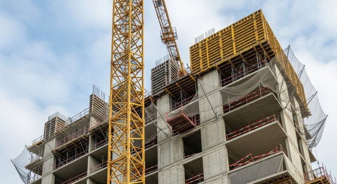 Tall yellow construction crane stands next to a multi-story building under development.