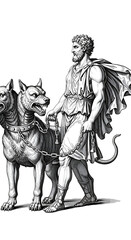 Obraz premium Ancient Greek Mythology Hercules Walking Cerberus Transparent Background Illustration