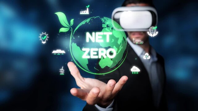 A person using virtual reality technology, showcasing the concept of achieving net zero emissions. This image symbolizes innovation and sustainable practices for a greener future. Raster