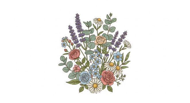 Beautiful floral arrangement with various flowers and herbs.
