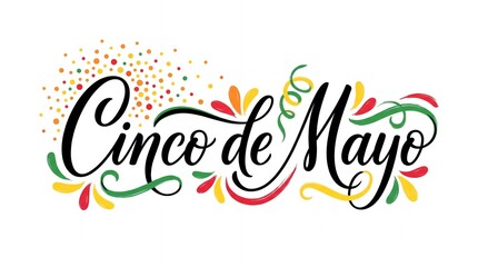 Fototapeta premium Festive cinco de mayo calligraphy with colorful confetti and floral accents lettering celebration