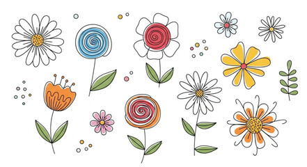 Fototapeta premium Collection of Hand Drawn Watercolor Flowers and Leaves.