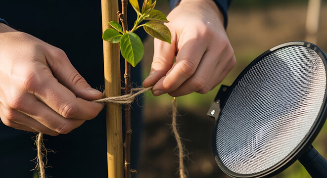Tying jute twine to a young tree sapling for support in a garden; close-up shot of hands securing the knot demonstrating plant care and gardening techniques