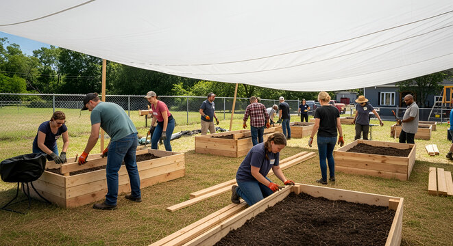 Volunteers work together to build raised garden beds under a large shade canopy on a sunny day cultivating community in an outdoor setting