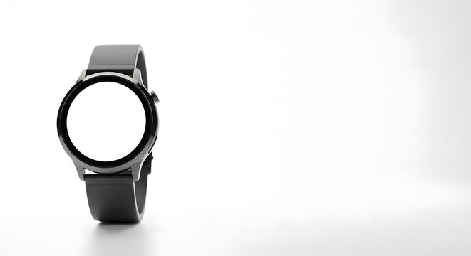 A modern smartwatch with a blank white screen and black strap on a clean white background, ready for custom display.