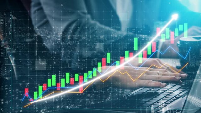 A businessman focuses on analyzing financial data displayed on a laptop, showcasing colorful graphs and charts that indicate market trends and growth. Copula