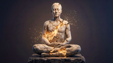 Obraz premium Cracked statue glowing with energy symbolizing healing and inner power