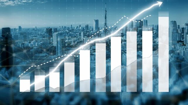 A modern cityscape with a data-driven bar chart visualizing growth trends. This image captures the essence of urban development and business success. Copula
