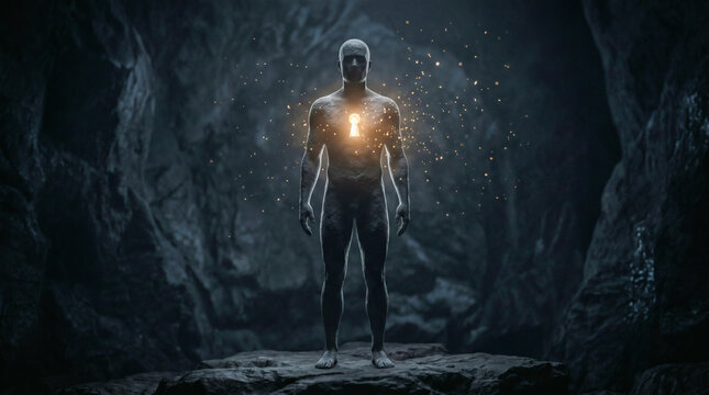 Glowing human figure with keyhole chest symbolizing inner strength and purpose