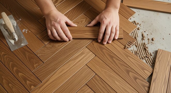 Artisan installing new parquet flooring with herringbone pattern detail
