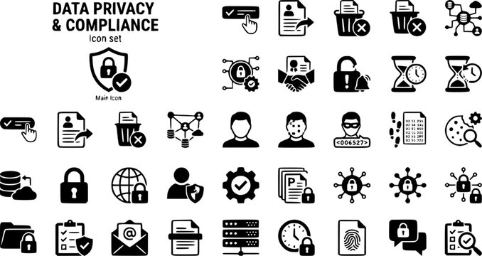 Data Privacy Compliance Icon Set Consent Banner Data Subject Request Right To Erase Data Map DPA Agreement Breach Notify Anonymize Pseudonymize Audit Trail Vector