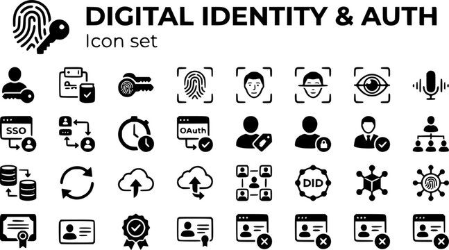 Digital Identity Auth Icon Set Passkey Biometric SSO OAuth Flow Session Expire Role Assign Directory Sync Federated ID Decentralized ID Verifiable Credential Revoke