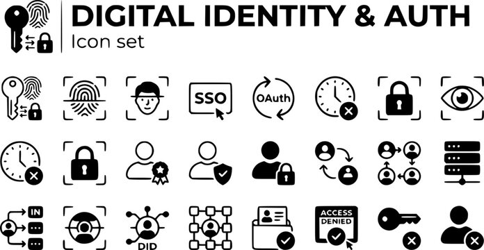 Digital Identity Auth Icon Set Passkey Biometric SSO OAuth Flow Session Expire Role Assign Directory Sync Federated ID Decentralized ID Verifiable Credential Revoke