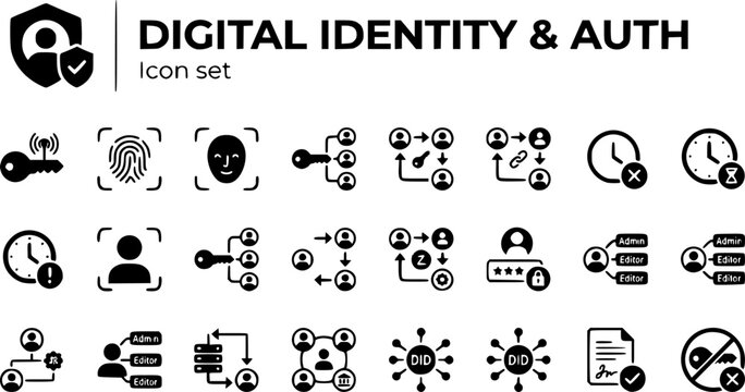Digital Identity Auth Icon Set Passkey Biometric SSO OAuth Flow Session Expire Role Assign Directory Sync Federated ID Decentralized ID Verifiable Credential Revoke