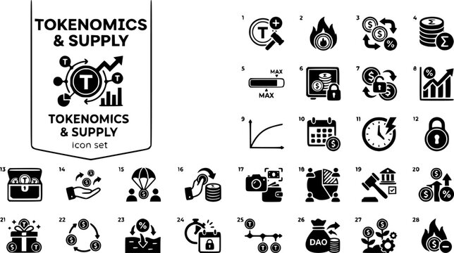 Tokenomics Supply Icon Set Mint Burn Circulating Supply Vesting Cliff Inflation Rate Emissions Curve Token Lock Treasury Buyback Airdrop Claim Snapshot Distribution