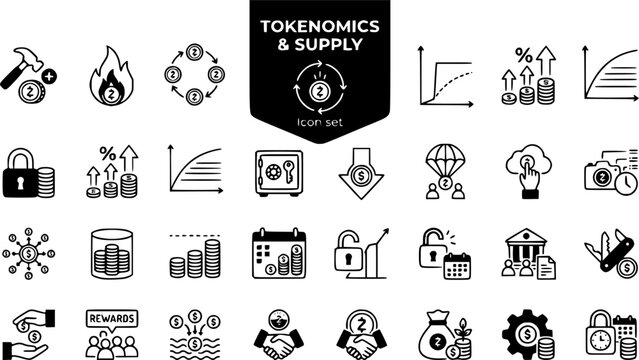 Tokenomics Supply Icon Set Mint Burn Circulating Supply Vesting Cliff Inflation Rate Emissions Curve Token Lock Treasury Buyback Airdrop Claim Snapshot Distribution