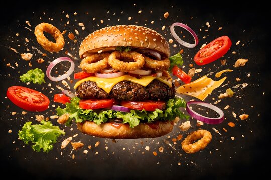 Flying royal burger with fresh ingredients explosion