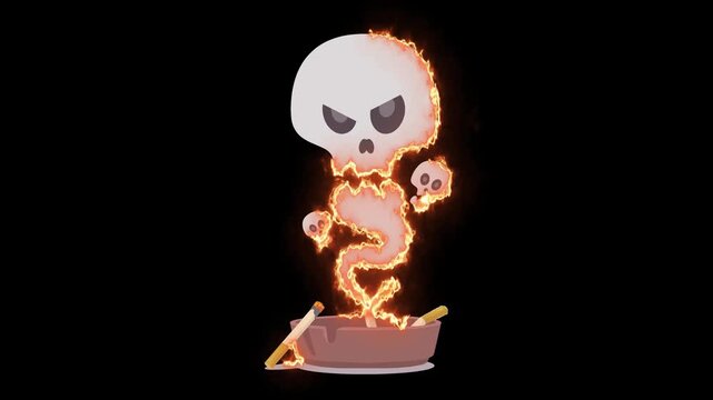 smoking poison skull in fire flat design motion video suitable to your brand, advertise, template, health, warning, smoking day, marketing, animation, mascot, cartoon, business, and more