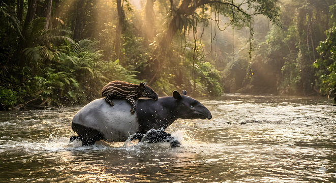 Mother Malayan Tapir and Calf Crossing River