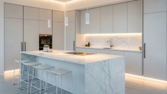Modern Minimalist Kitchen Interior with Island and Bar Stools.