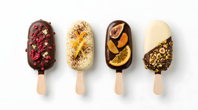 Elegantly decorated gourmet ice cream bars featuring fresh fruits, spices, and premium chocolate coatings on wooden sticks.