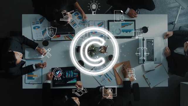 A top-down view of a business meeting where team members discuss creative ideas, illustrated by copyright symbols. Focus on collaboration and innovation in the office. Raster