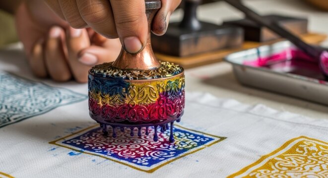 Hand block printing vibrant patterns on fabric, traditional craft.