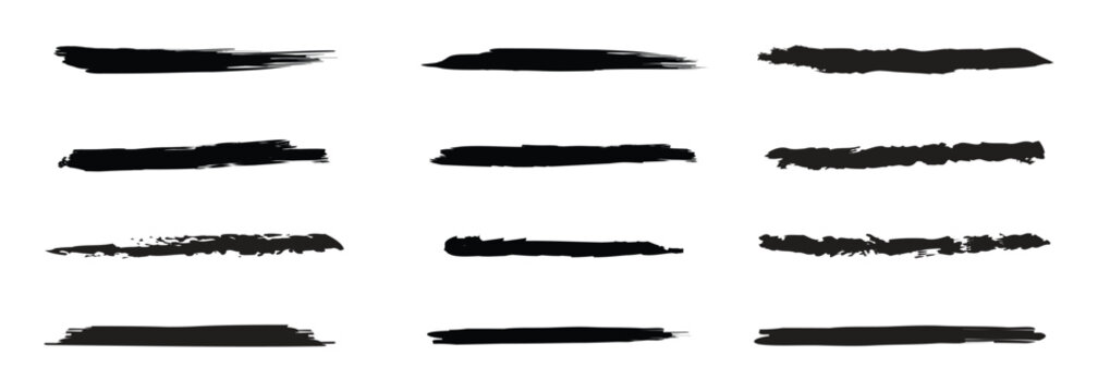 Black grunge brush stroke set. Artistic ink paint underlines and rough divider lines for layout design.