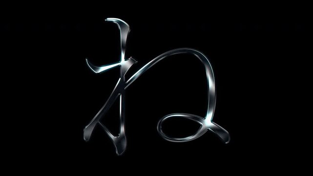 Silver metallic Japanese Hiragana "ね". Alpha channel. Serif font. seamless loop video
