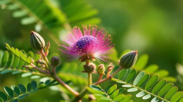 Macro photography shot of a vibrant Mimosa pudica (Putri Malu) flower, showing its unique pink and purple spherical shape with delicate stamens.